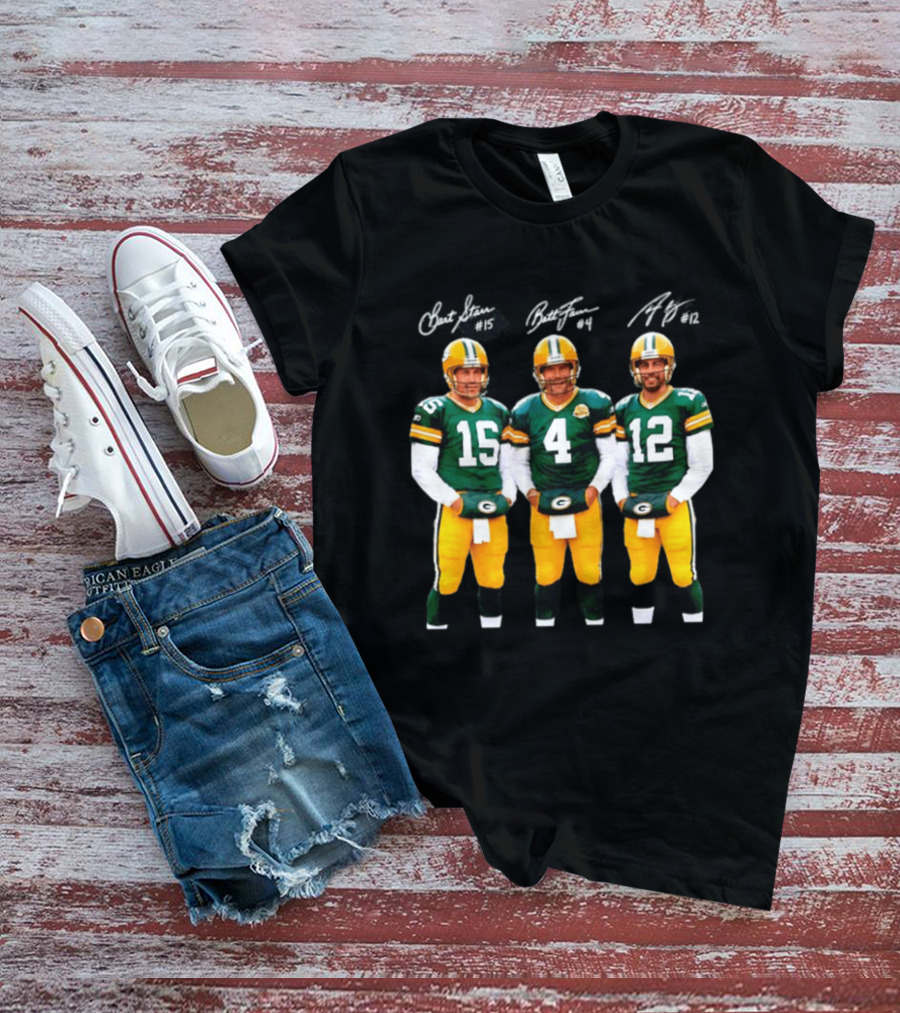 Bart Starr #15 Brett Favre #4 Aaron Rodgers #12 Green Bay Packers Signatures T-Shirt