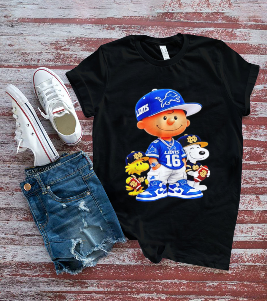 Charlie Brown Snoopy Woodstock Detroit Lions 16 Jersey Notre Dame Iconic Peanuts Characters T-Shirt