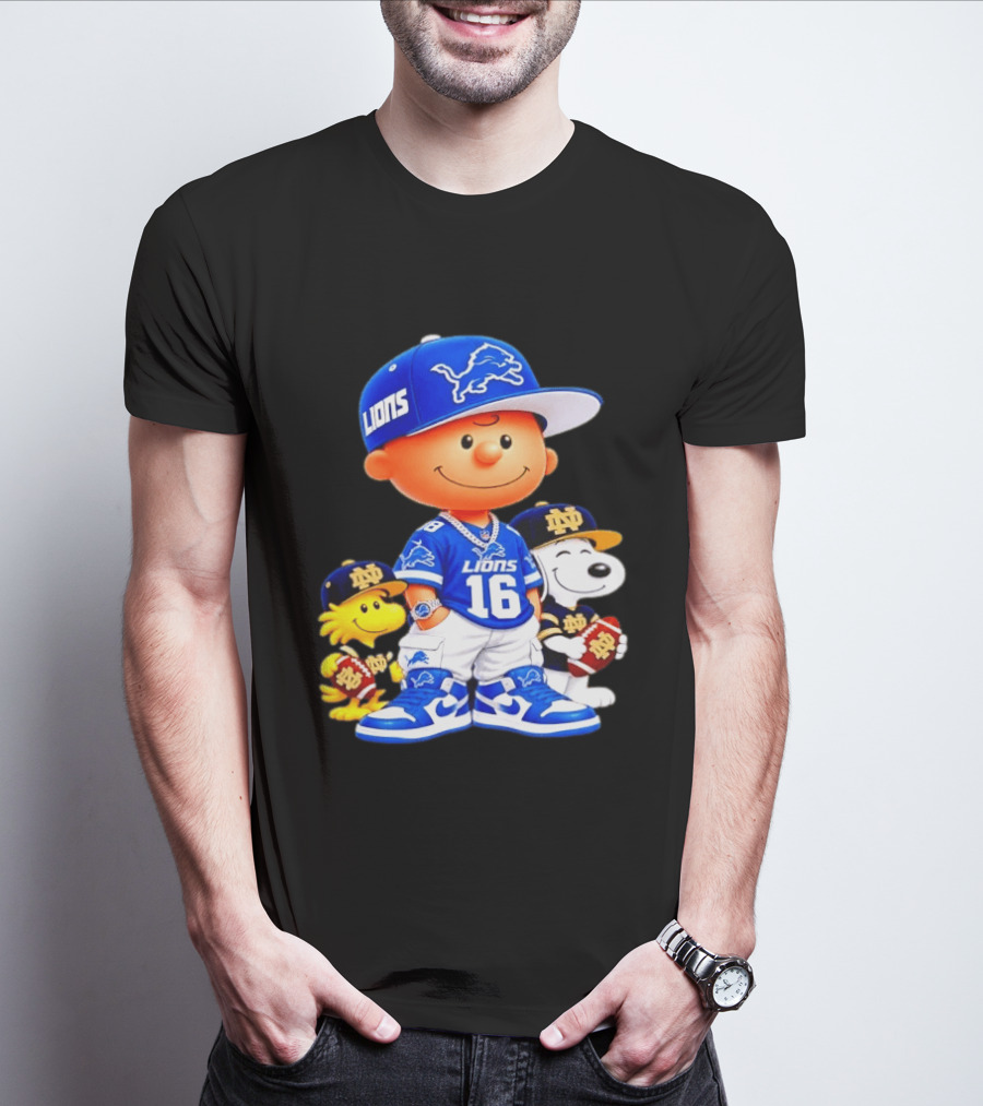 Charlie Brown Snoopy Woodstock Detroit Lions 16 Jersey Notre Dame Iconic Peanuts Characters T-Shirt