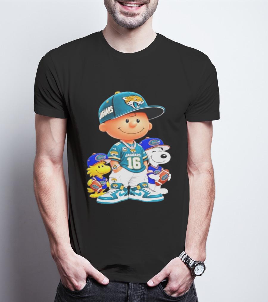 Charlie Brown With Snoopy And Woodstock Jacksonville Jaguars 16 Jersey Peanuts Football Fan Gear T-Shirt