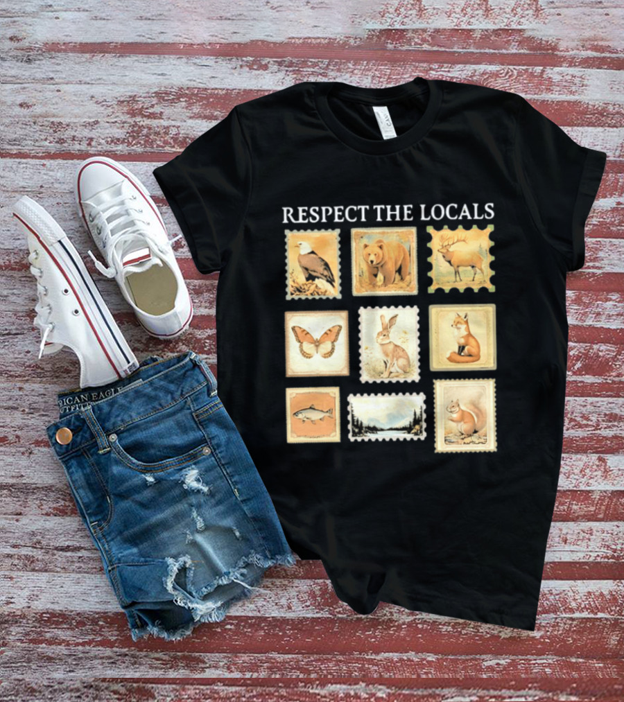 Respect The Locals Wildlife Stamp Collection With Bear Fox And Eagle T-Shirt