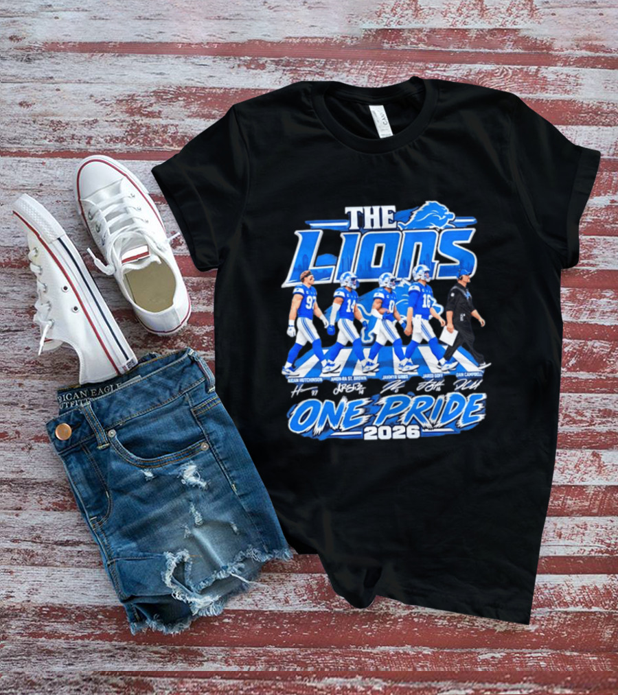 Detroit Lions The Lions One Pride Abbey Road 2026 Aidan Hutchinson Jahmyr Gibbs Jared Goff Dan Campbell T-Shirt