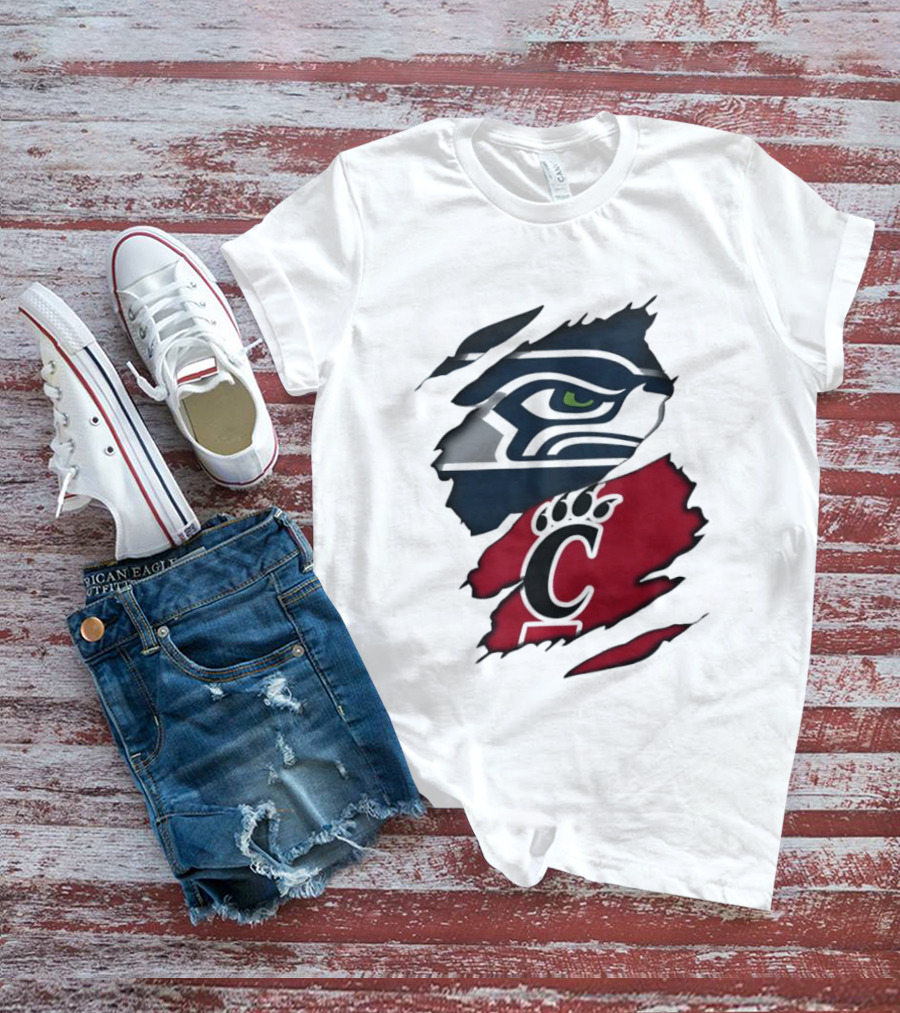 Seattle Seahawks Cincinnati Bearcats Ripped Fabric Fan T-Shirt