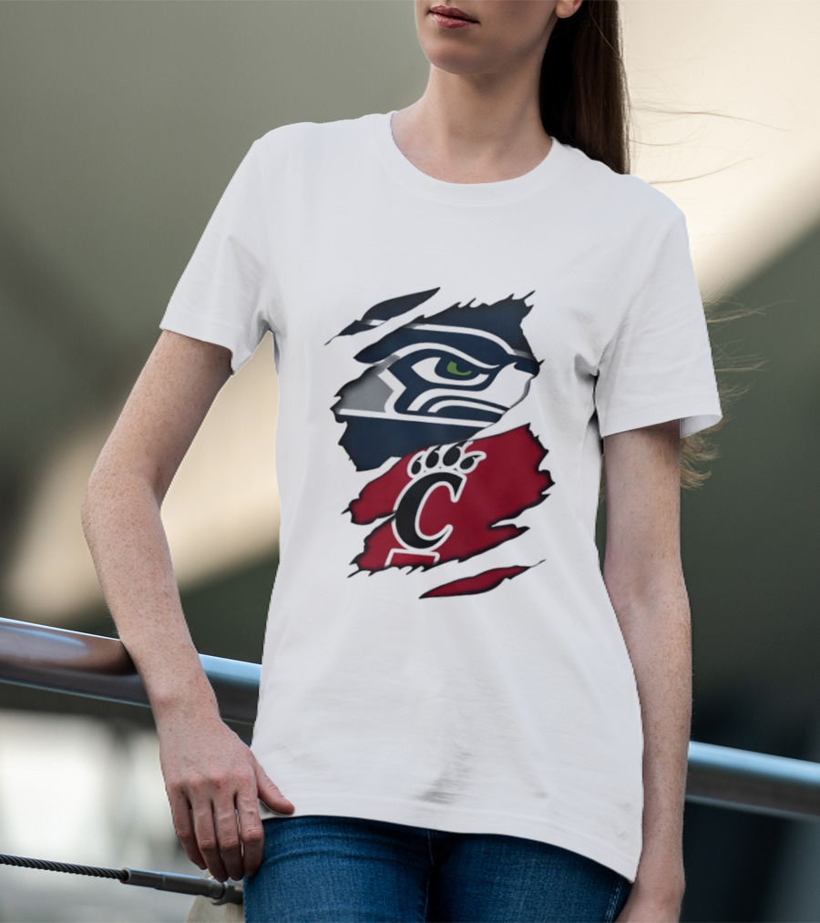Seattle Seahawks Cincinnati Bearcats Ripped Fabric Fan T-Shirt