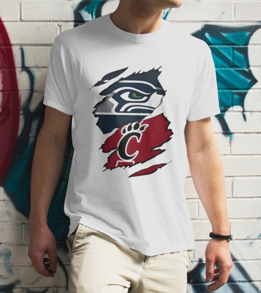 Seattle Seahawks Cincinnati Bearcats Ripped Fabric Fan T-Shirt