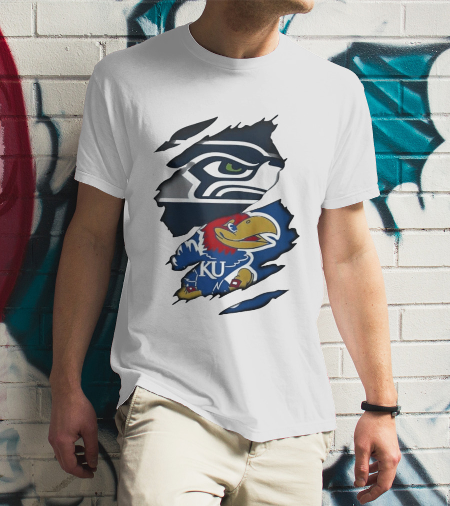 Seattle Seahawks And Kansas Jayhawks Torn Fabric Football And Basketball Fan Merchandise T-Shirt