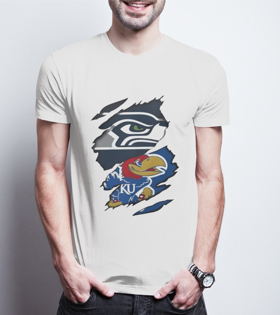 Seattle Seahawks And Kansas Jayhawks Torn Fabric Football And Basketball Fan Merchandise T-Shirt