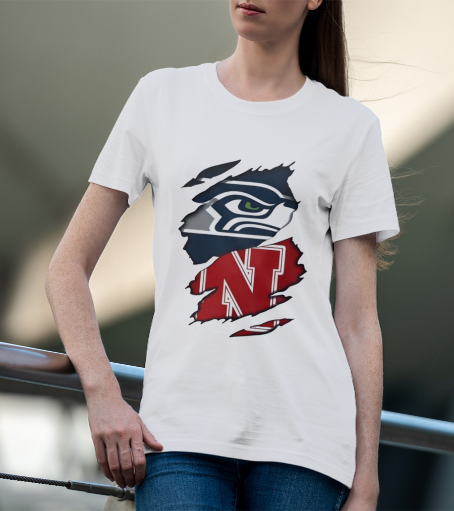 Seattle Seahawks And Nebraska Cornhuskers Split Torn Fabric Blend T-Shirt