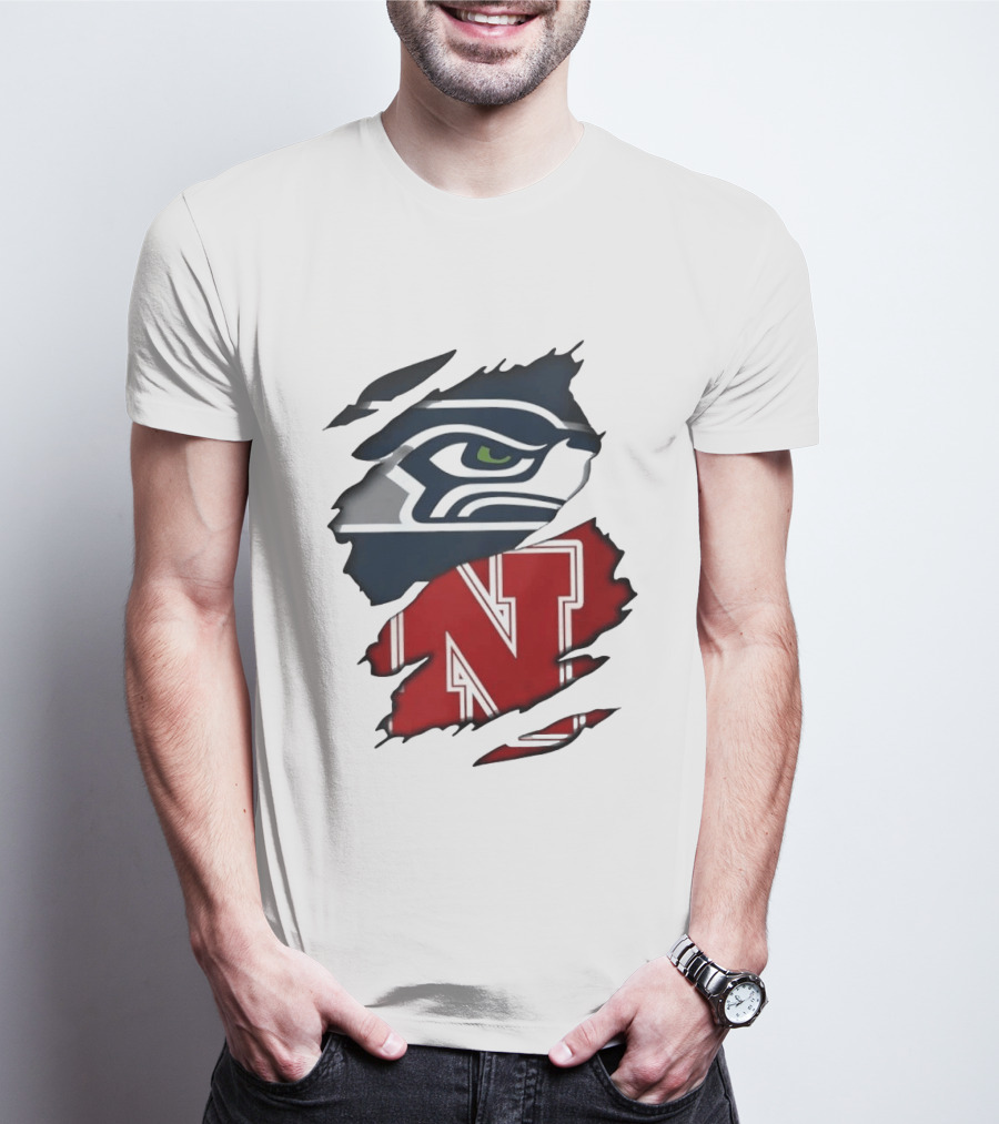 Seattle Seahawks And Nebraska Cornhuskers Split Torn Fabric Blend T-Shirt