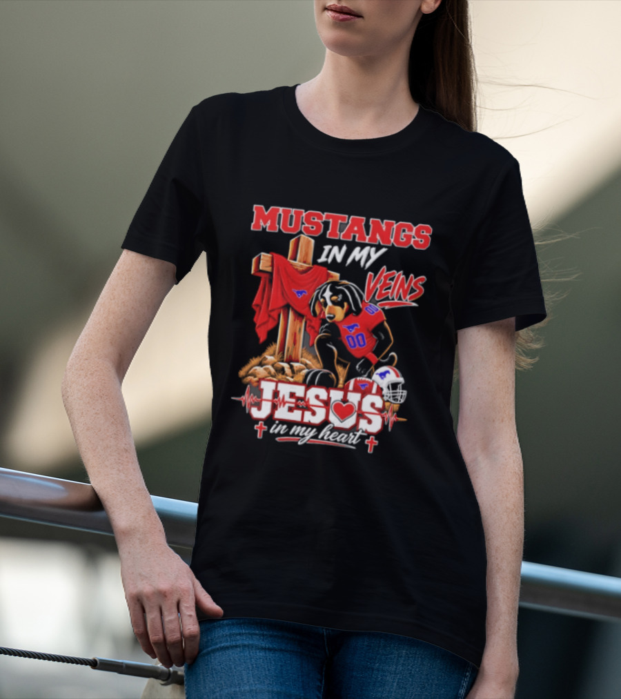 Mustangs In My Veins Football Faith Jesus In My Heart T-Shirt
