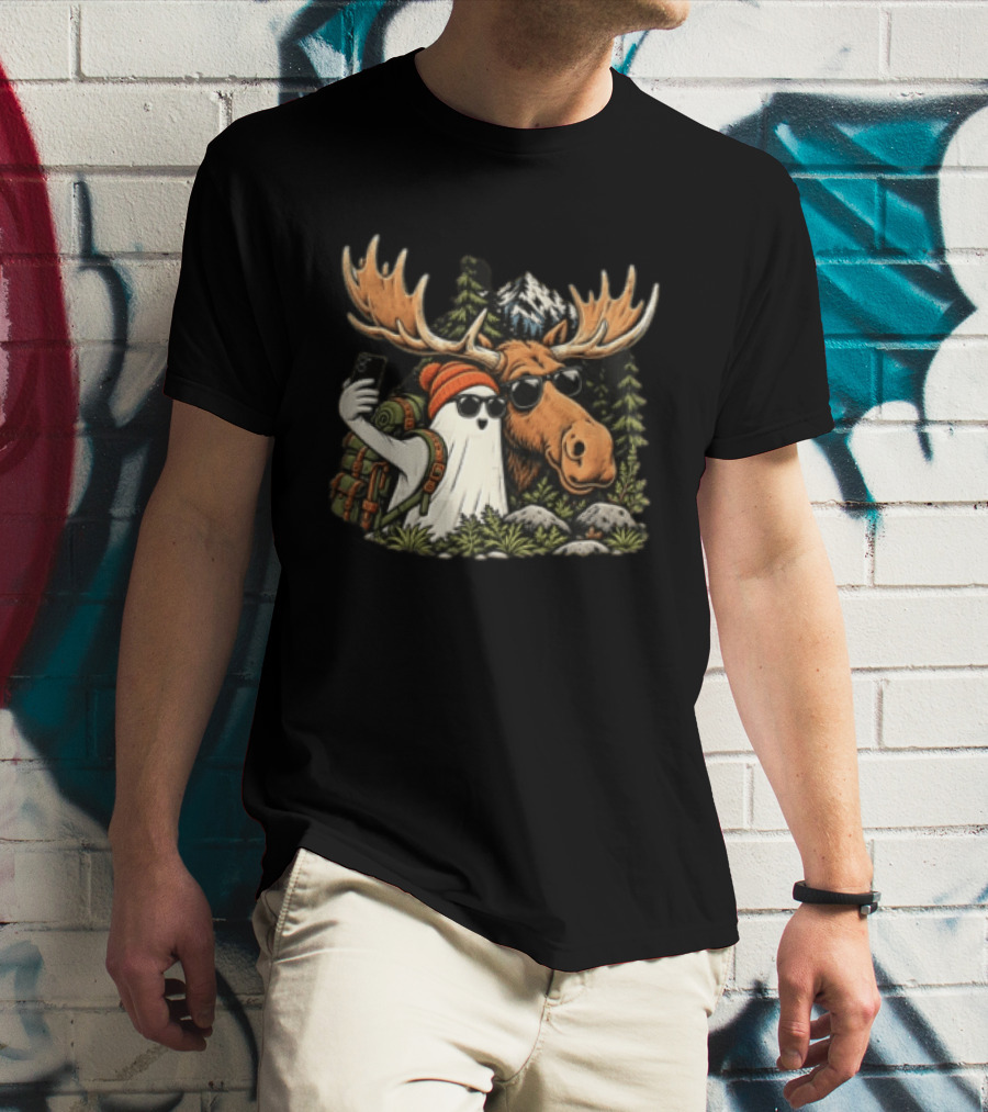 Ghost Backpack Selfie With Moose In Forest Adventure Scene T-Shirt