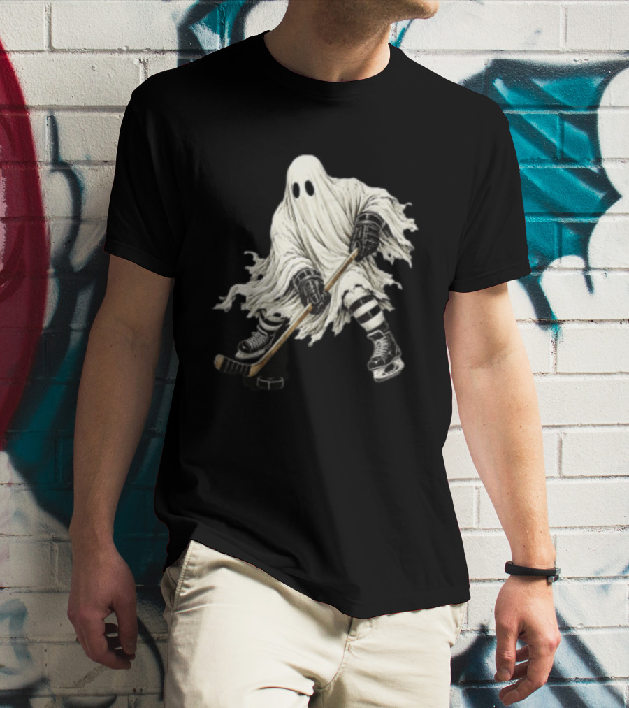 Halloween Ghost Playing Ice Hockey Costume Fun T-Shirt