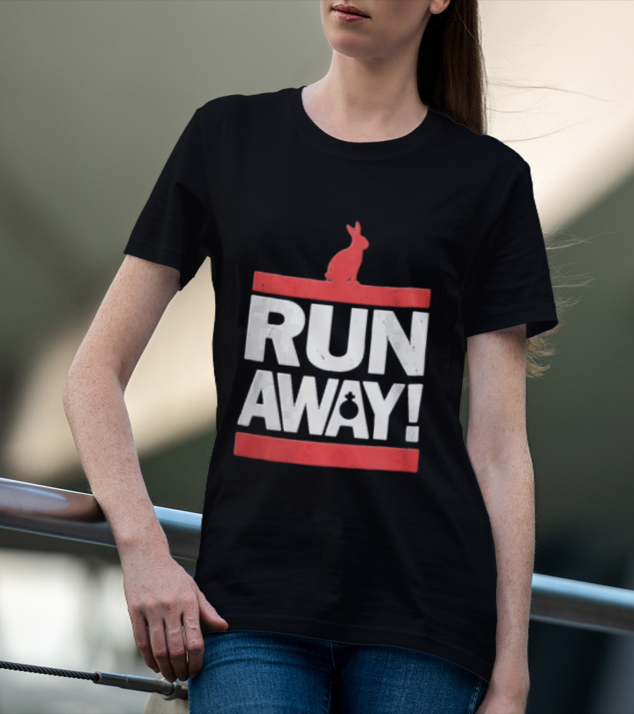 RUN AWAY Rabbit Bold Text And Red Accents T-Shirt