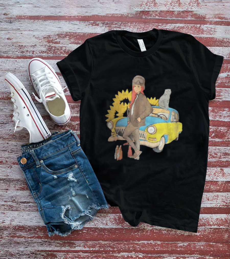 Woman Soldier With Cat On Vintage Car And Sunflowers T-Shirt