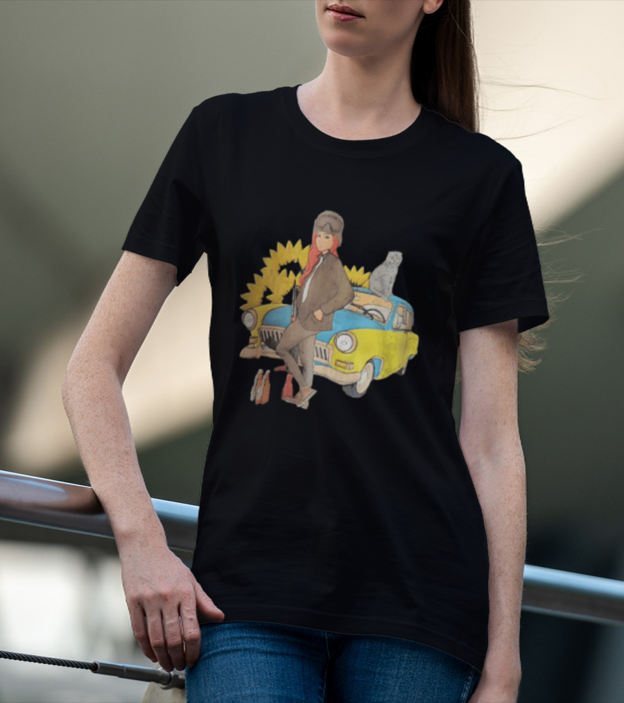 Woman Soldier With Cat On Vintage Car And Sunflowers T-Shirt