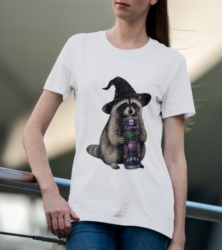 Alani Witches Brew Raccoon Witch Hat Can Holding T-Shirt