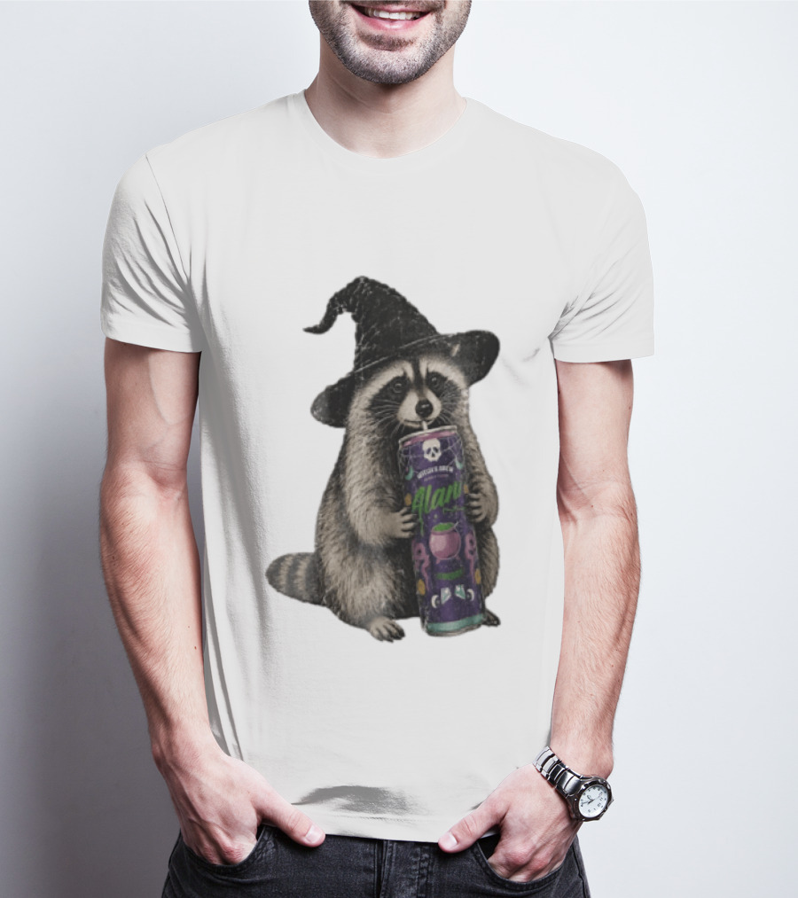 Alani Witches Brew Raccoon Witch Hat Can Holding T-Shirt
