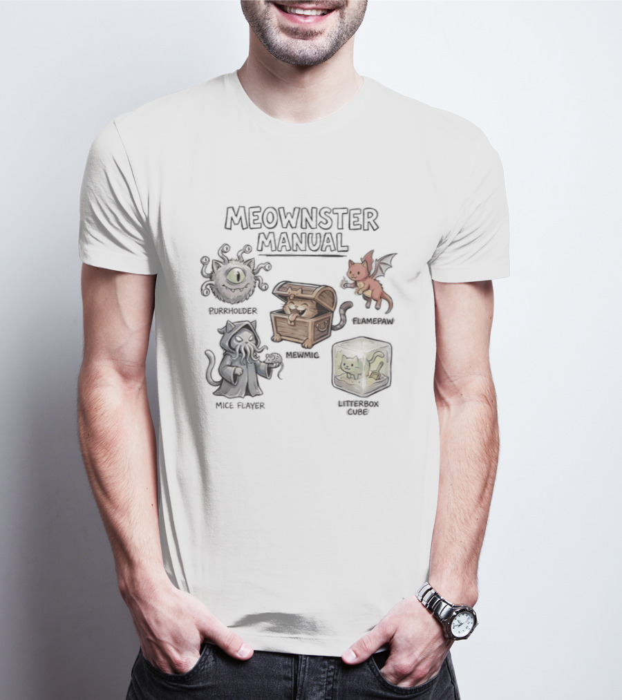 Meownster Manual Beholder Cat Cattack Mimic Abomination Cube Dragon Kitten T-Shirt