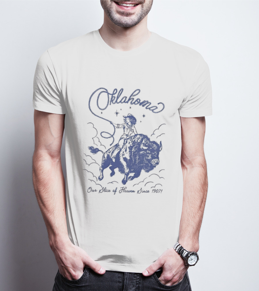 Oklahoma Our Slice Of Heaven Since 1907 Cowgirl Riding Buffalo T-Shirt