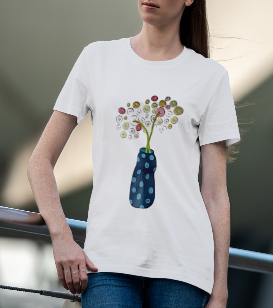 Polka Dot Vase With Colorful Button Flowers T-Shirt