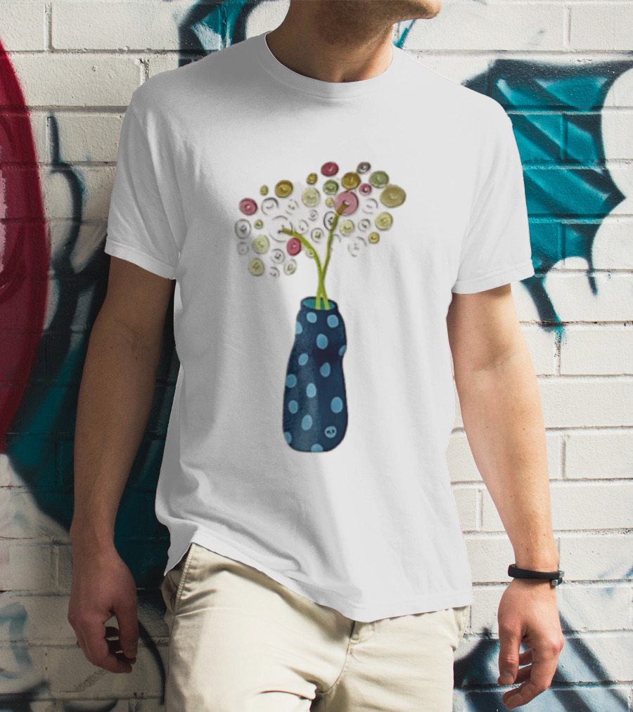 Polka Dot Vase With Colorful Button Flowers T-Shirt