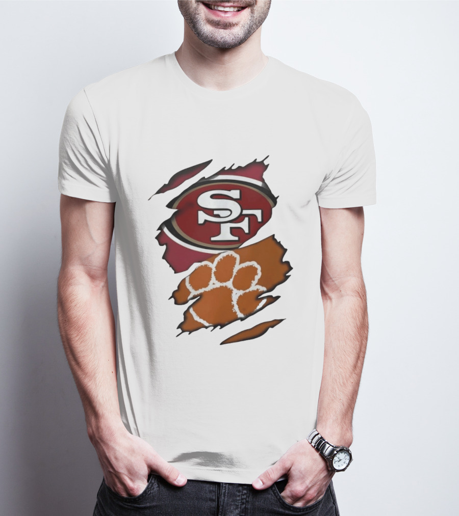 San Francisco 49ers SF And Clemson Tigers Paw Ripped Fabric T-Shirt