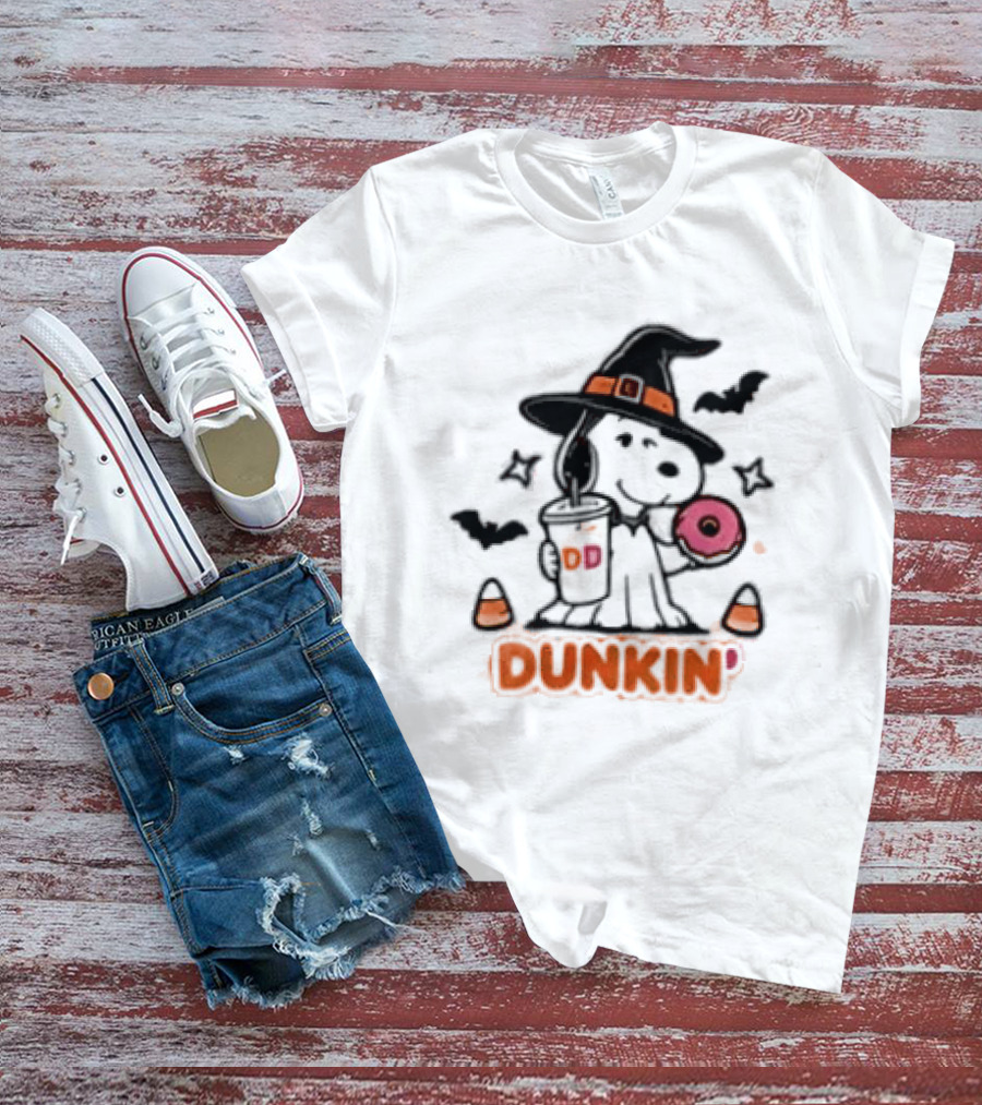 Snoopy Dunkin Donuts Halloween Witch Doughnut Coffee Cup Bats Candy Corn T-Shirt