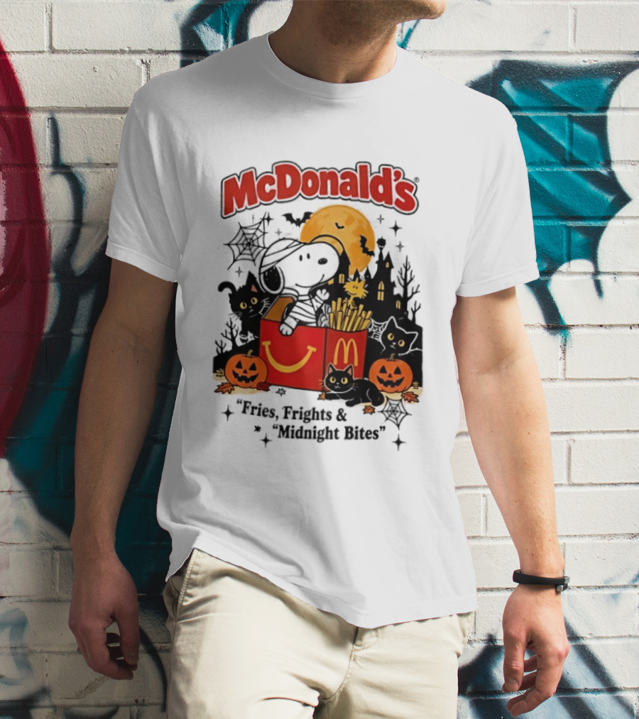 Snoopy McDonald's Halloween Fires Frights Midnight Bites Pumpkin Black Cat Moon T-Shirt
