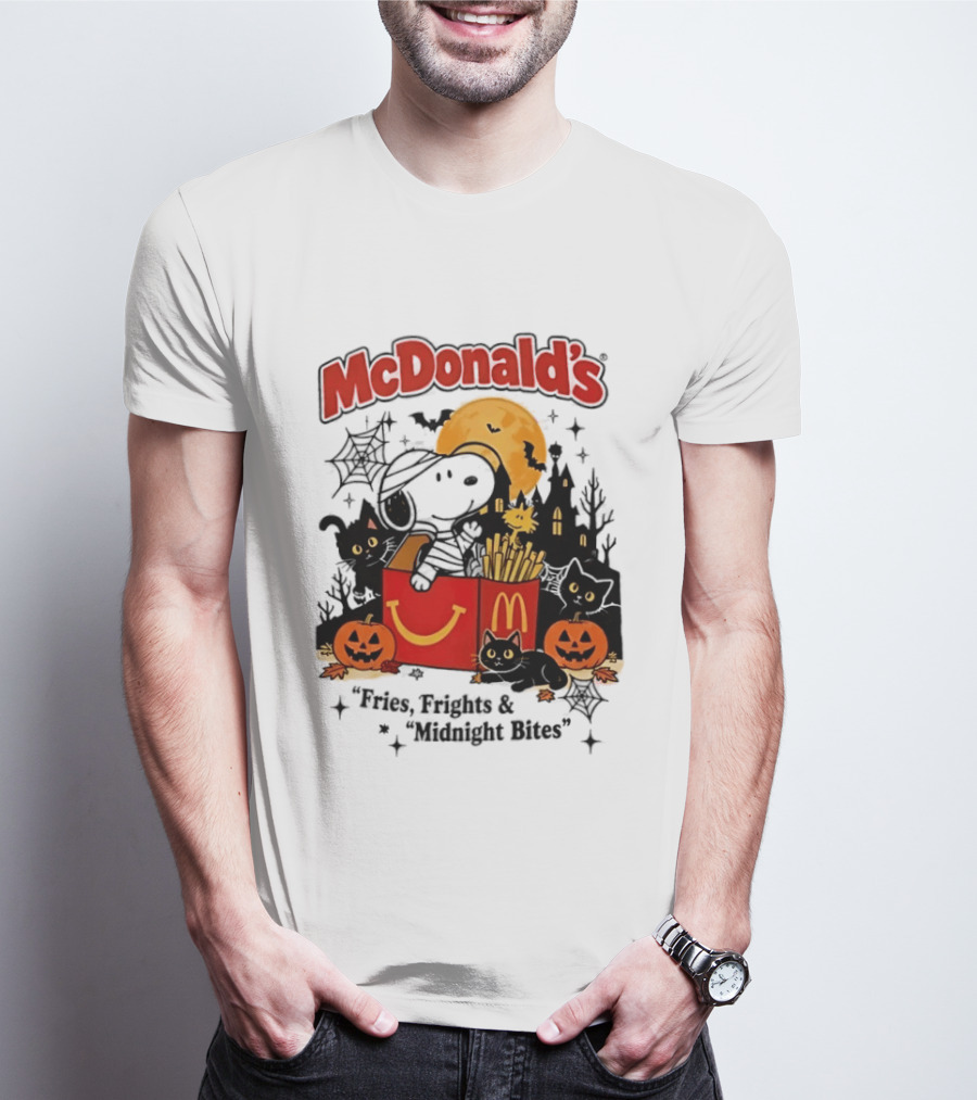 Snoopy McDonald's Halloween Fires Frights Midnight Bites Pumpkin Black Cat Moon T-Shirt