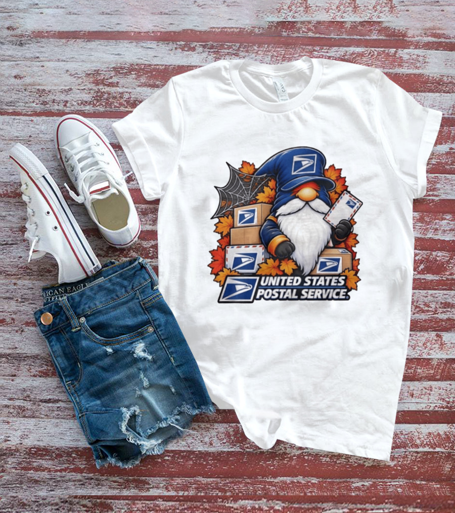 United States Postal Service Halloween Gnome With Mail And Fall Leaves T-Shirt