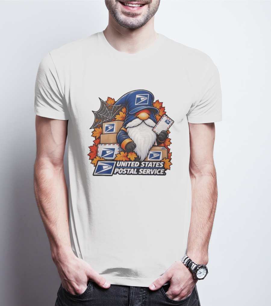 United States Postal Service Halloween Gnome With Mail And Fall Leaves T-Shirt