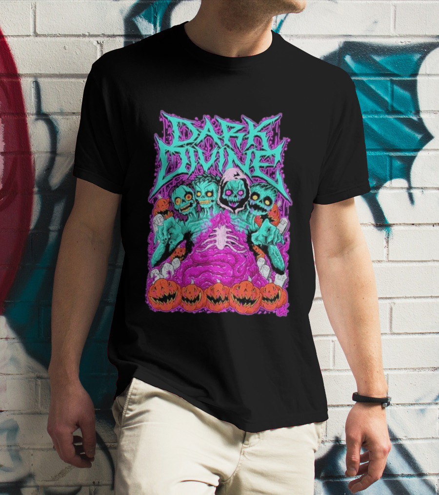 Dark Divine Skeletons With RIP Pumpkins T-Shirt