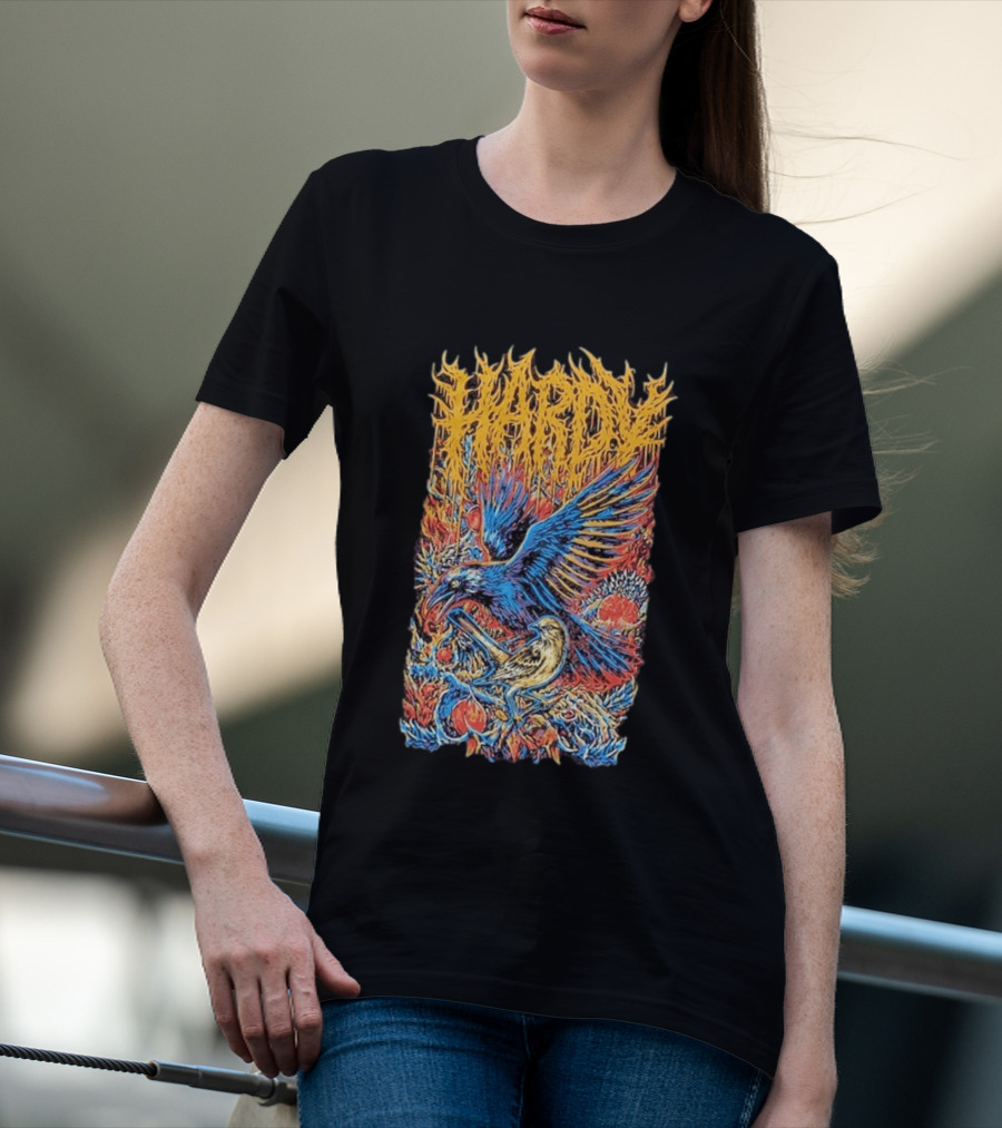 Hardy Blue And Yellow Birds With Fruit In Fiery Scene T-Shirt