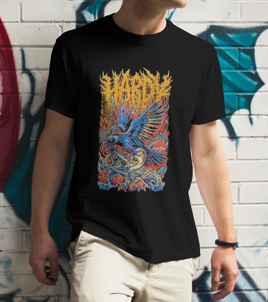 Hardy Blue And Yellow Birds With Fruit In Fiery Scene T-Shirt