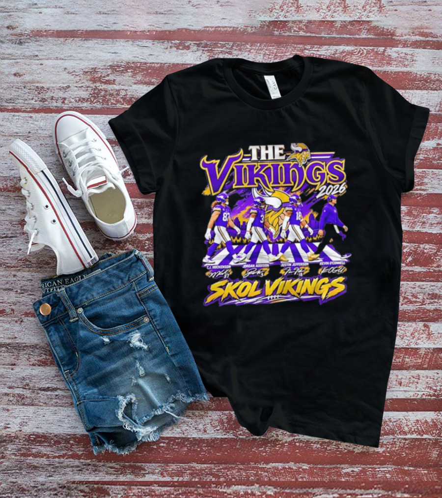 The Vikings 2026 J.J. Hockenson Jordan Addison Justin Jefferson Kevin O'Connell Skol Vikings T-Shirt