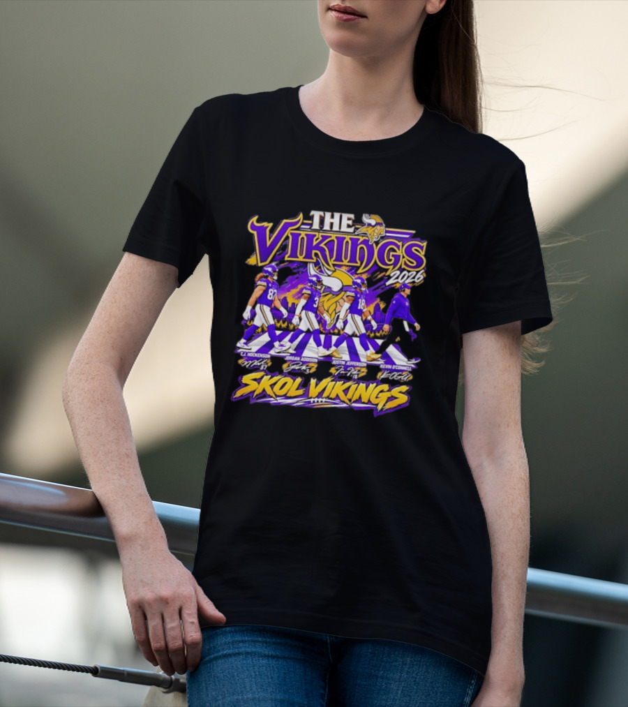 The Vikings 2026 J.J. Hockenson Jordan Addison Justin Jefferson Kevin O'Connell Skol Vikings T-Shirt