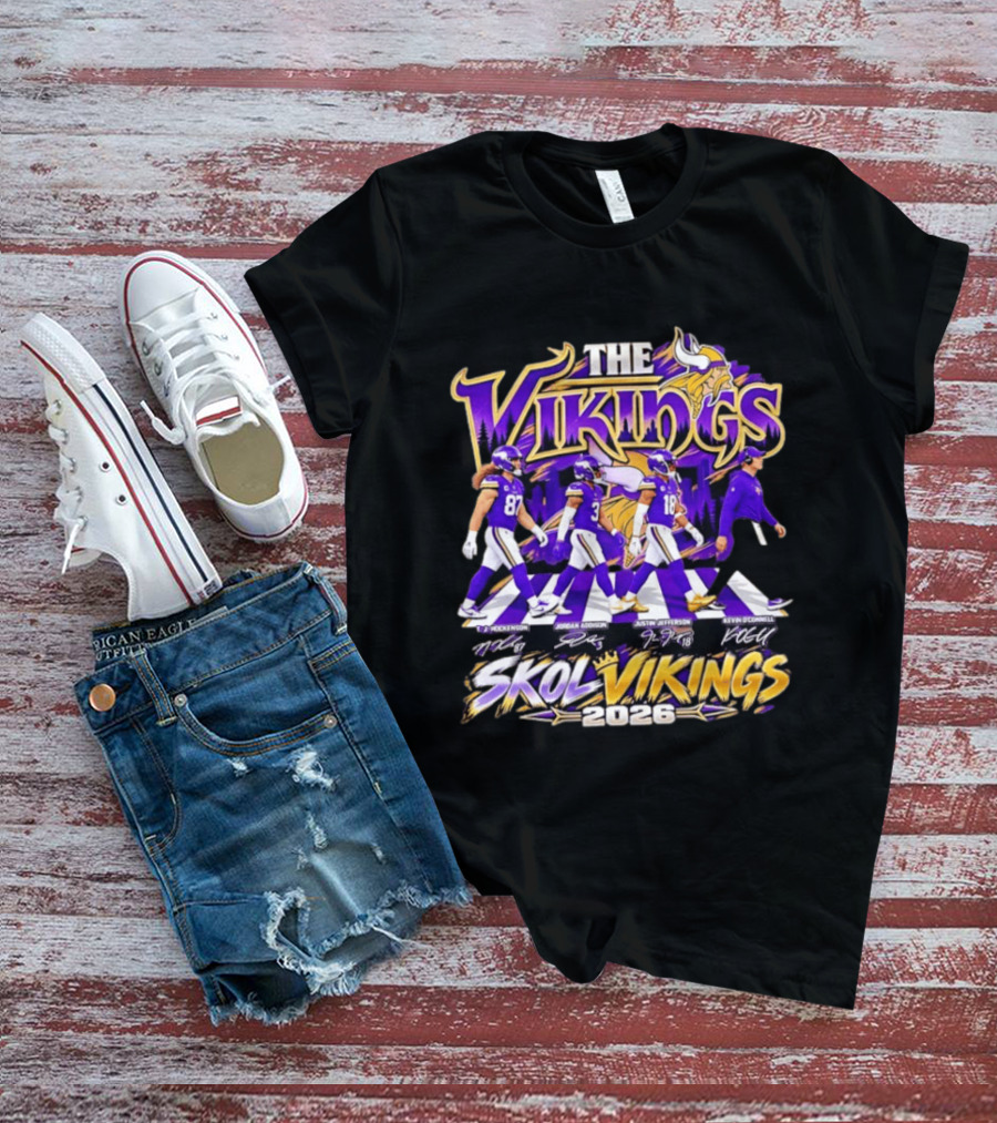 Minnesota Vikings Skol Vikings Abbey Road 2026 T. J. Hockenson Justin Jefferson Kevin O'Connell T-Shirt