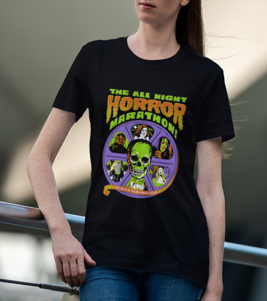 The All Night Horror Marathon Presented By The Hollywood Theatre Skulls And Monster Faces 2026 T-Shirt