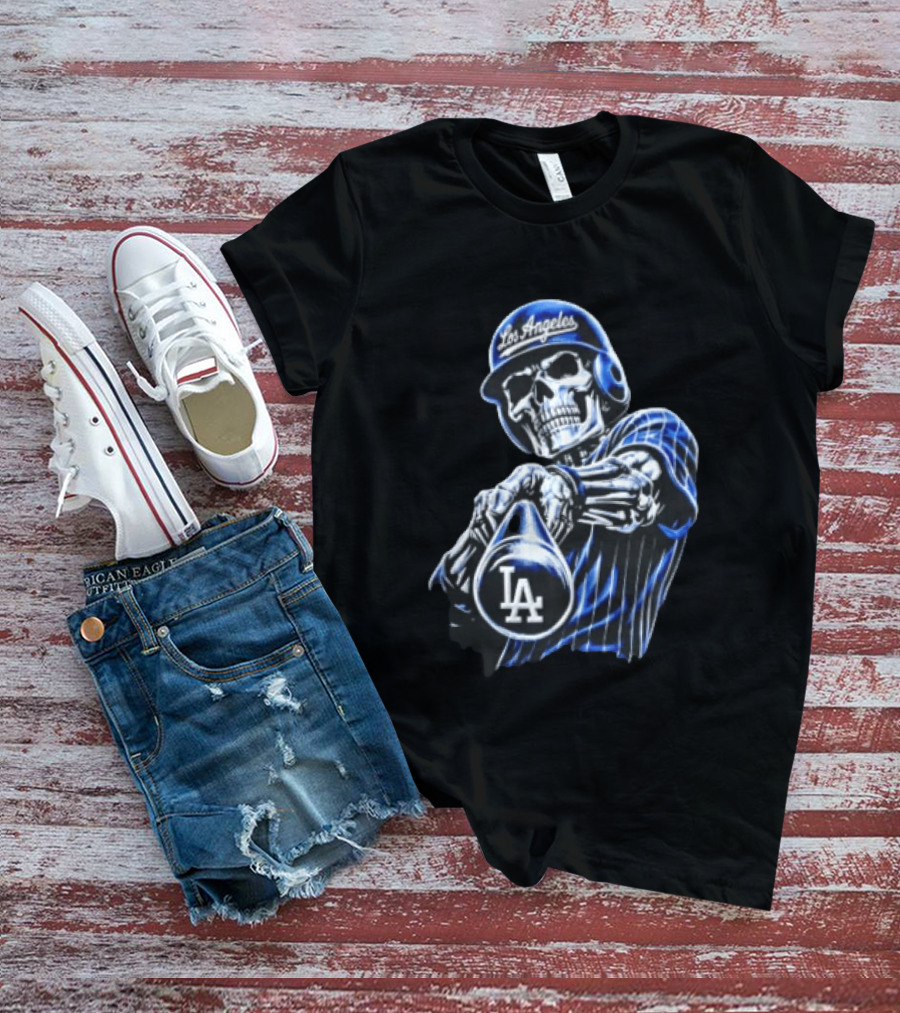 Los Angeles Dodgers Skeleton Baseball Player Pinstripe Jersey LA Cap T-Shirt