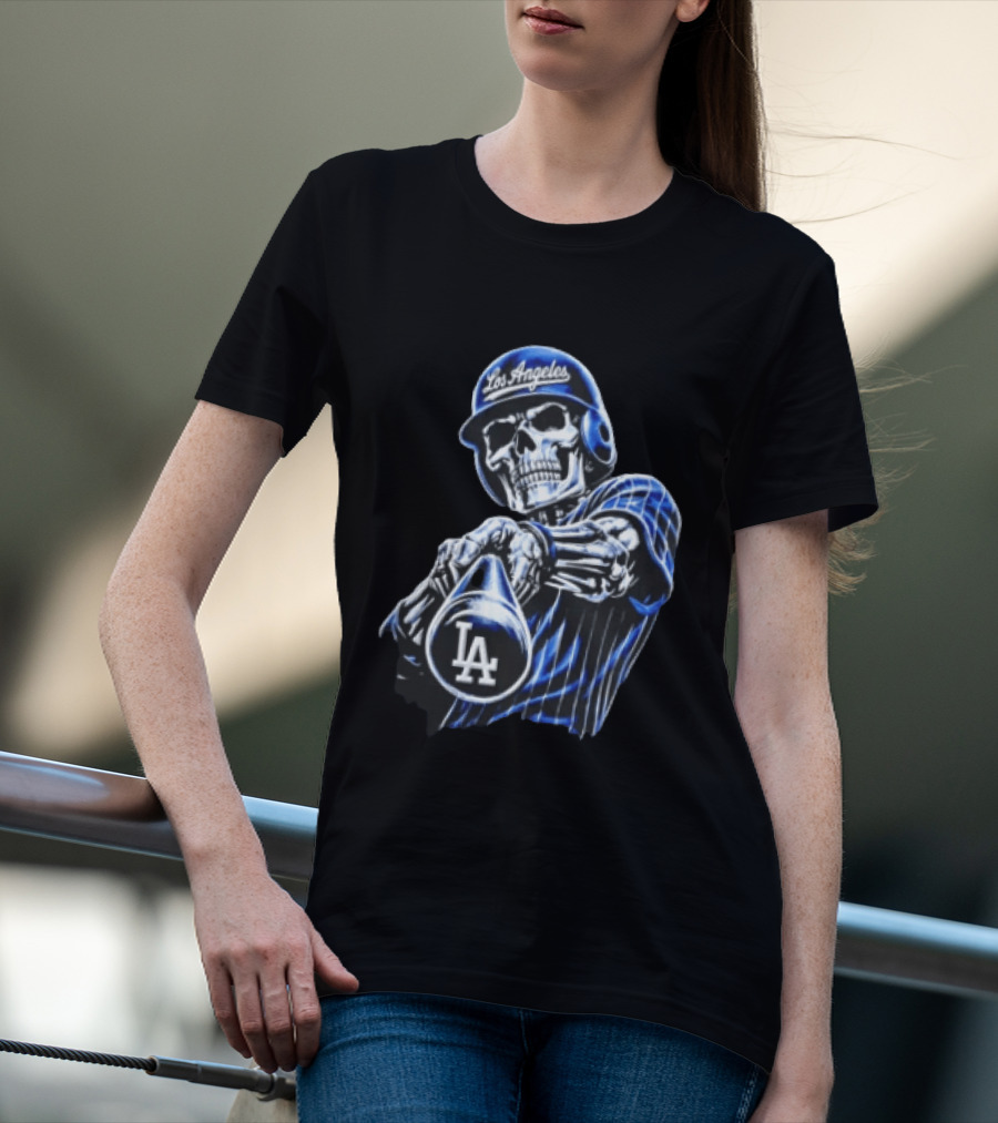 Los Angeles Dodgers Skeleton Baseball Player Pinstripe Jersey LA Cap T-Shirt