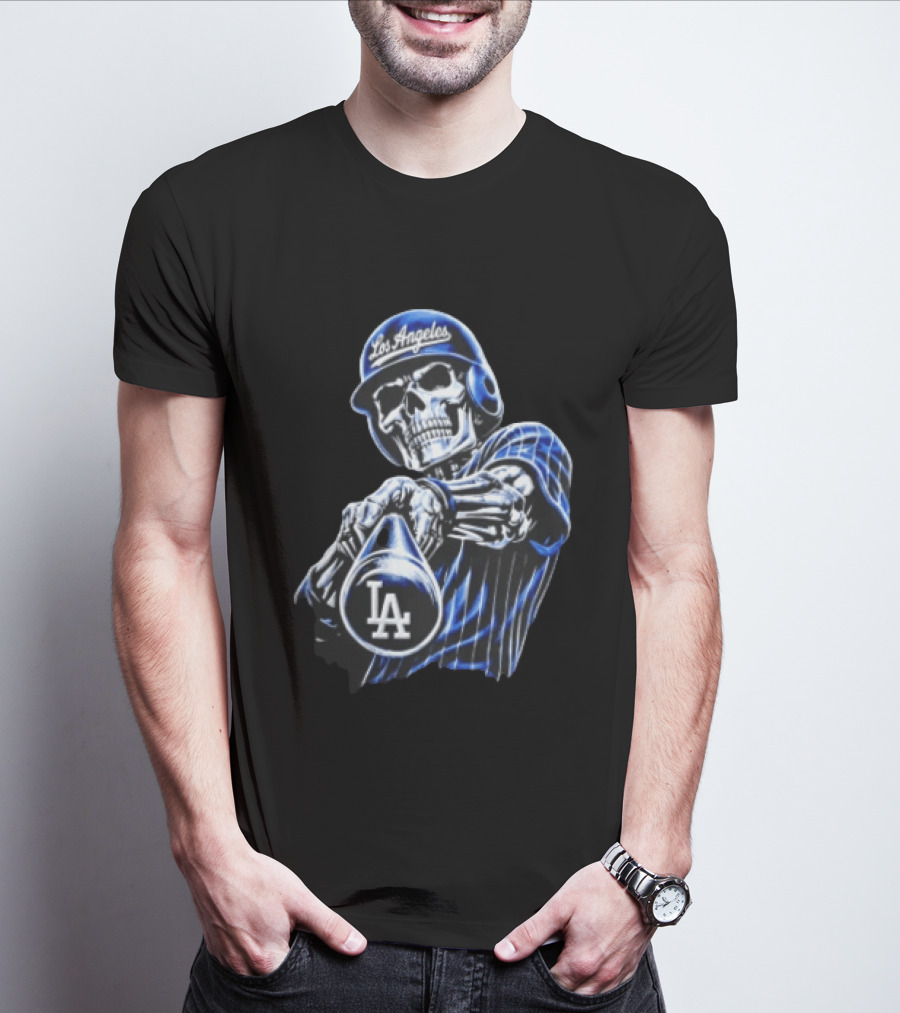 Los Angeles Dodgers Skeleton Baseball Player Pinstripe Jersey LA Cap T-Shirt