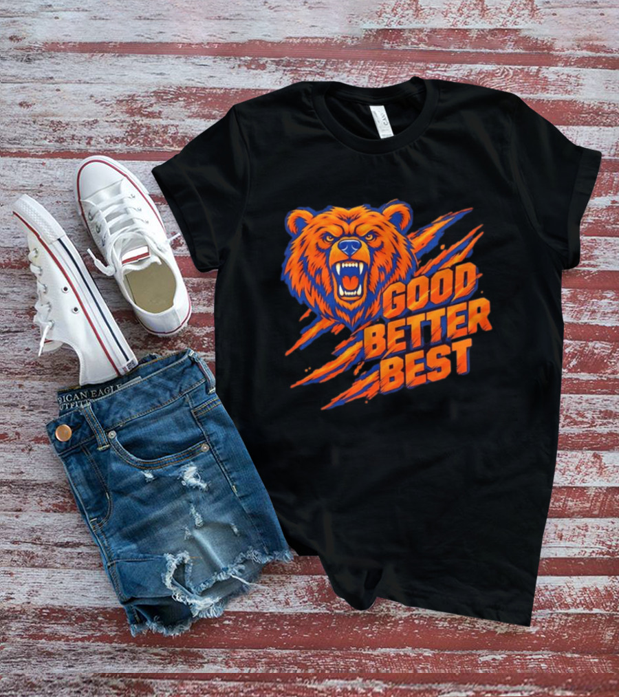 Good Better Best Grizzly Bear Claw Scratch Roaring Face Orange Blue T-Shirt
