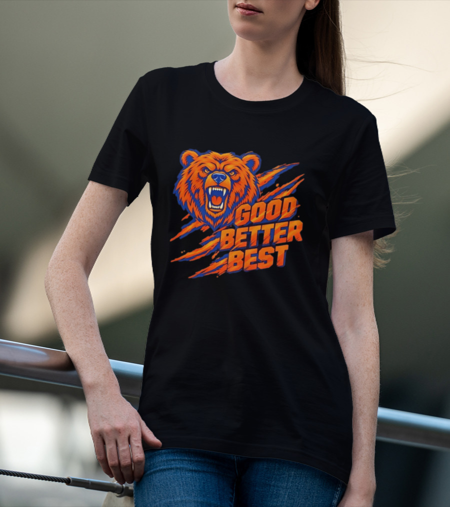 Good Better Best Grizzly Bear Claw Scratch Roaring Face Orange Blue T-Shirt