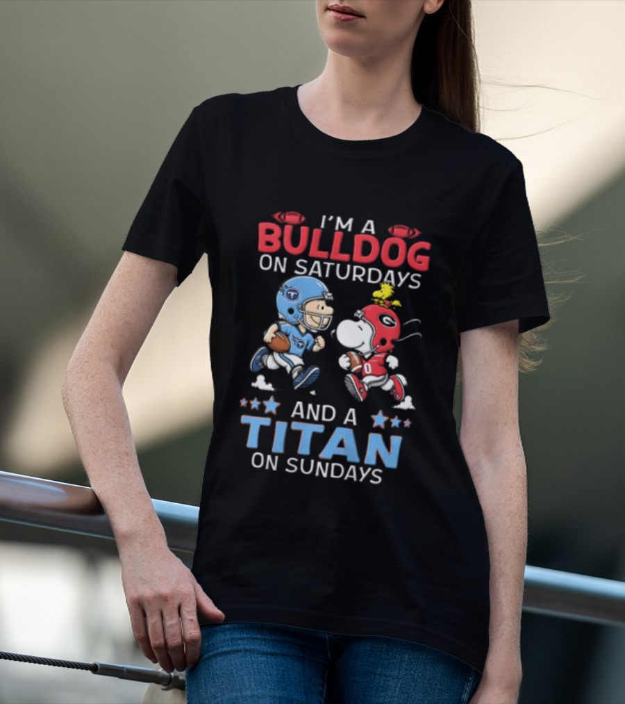 I'm A Bulldog On Saturdays And A Titan On Sundays Charlie Brown Snoopy Woodstock T-Shirt