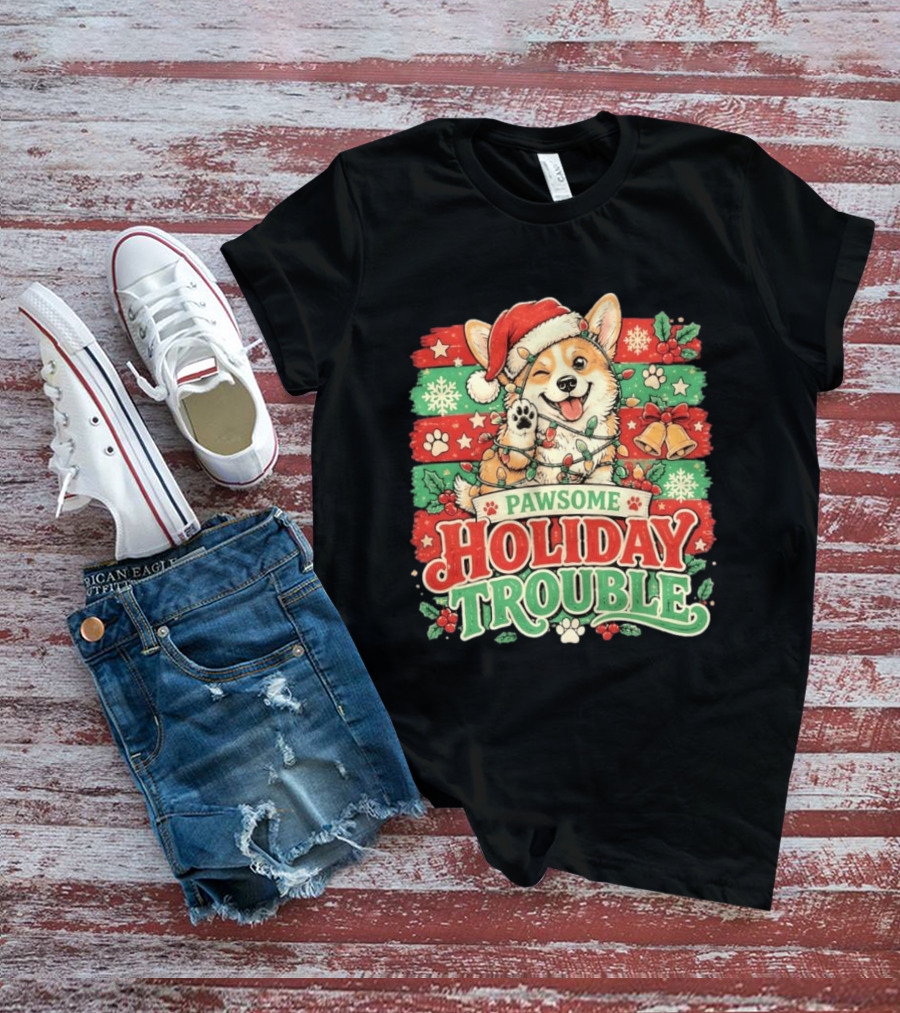 Pawsome Corgi Santa Hat Holiday Trouble Christmas Lights T-Shirt