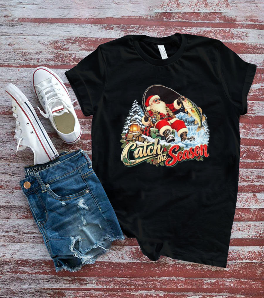 Catch The Season Santa Claus Fishing Christmas Snowy Scene T-Shirt
