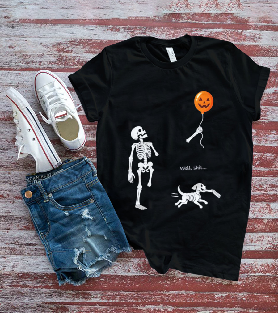 Skeleton Losing Halloween Pumpkin Balloon To Dog Well Shit T-Shirt