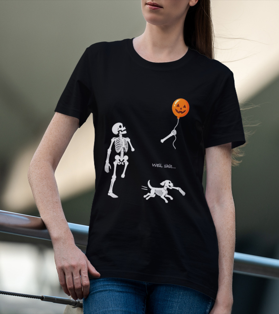 Skeleton Losing Halloween Pumpkin Balloon To Dog Well Shit T-Shirt