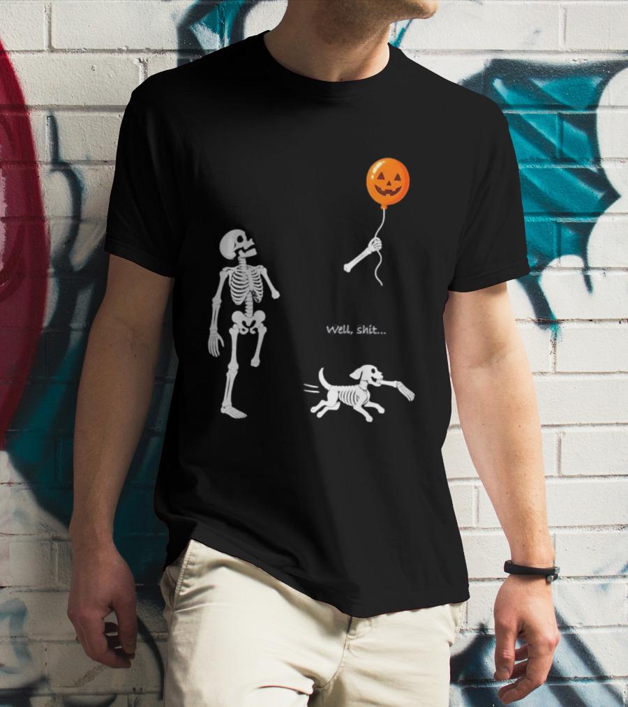 Skeleton Losing Halloween Pumpkin Balloon To Dog Well Shit T-Shirt