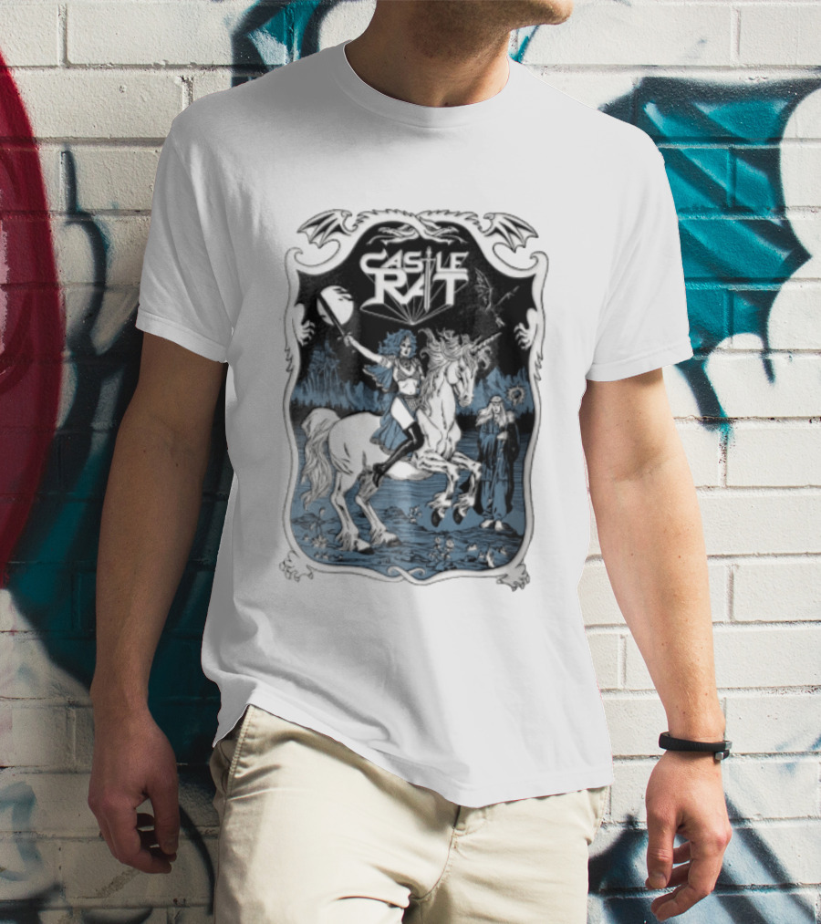 Castle Rat Warrior Woman Riding Unicorn Wizard Fantasy Scene T-Shirt